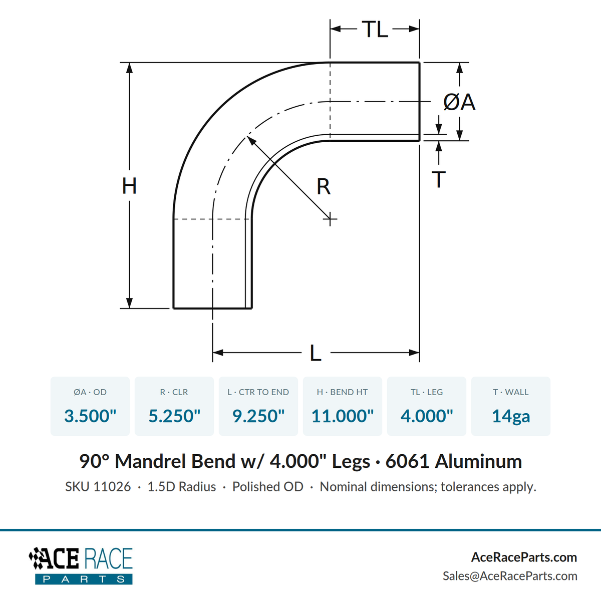 3.500" OD 14ga 90° Mandrel Bend - Polished OD - 6061 Aluminum - (5.250" CLR / 4.000" Legs)