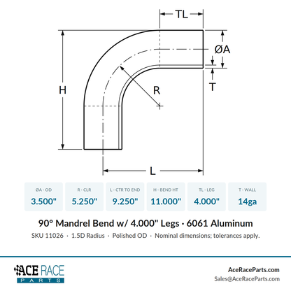 3.500" OD 14ga 90° Mandrel Bend - Polished OD - 6061 Aluminum - (5.250" CLR / 4.000" Legs)