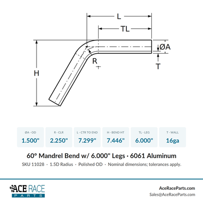 1.500" OD 16ga 60° Mandrel Bend - Polished OD - 6061 Aluminum - (2.250" CLR / 6.000" Legs)
