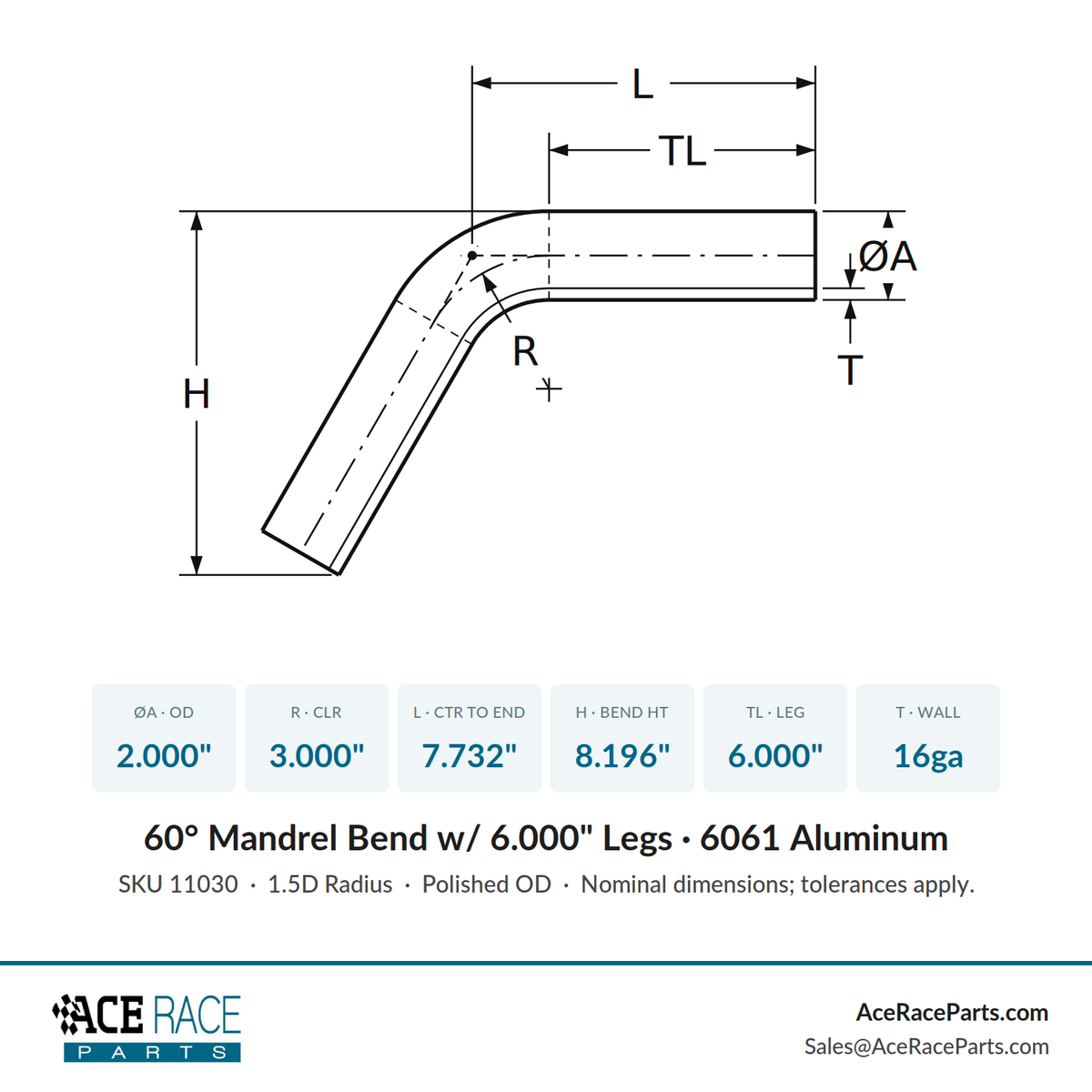 2.000" OD 16ga 60° Mandrel Bend - Polished OD - 6061 Aluminum - (3.000" CLR / 6.000" Legs)