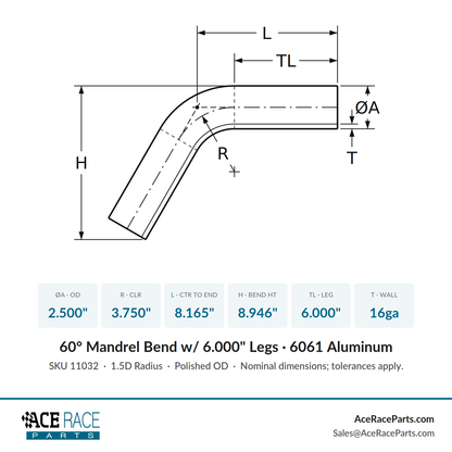 2.500" OD 16ga 60° Mandrel Bend - Polished OD - 6061 Aluminum - (3.750" CLR / 6.000" Legs)