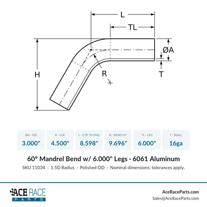 3.000" OD 16ga 60° Mandrel Bend - Polished OD - 6061 Aluminum - (4.500" CLR / 6.000" Legs)