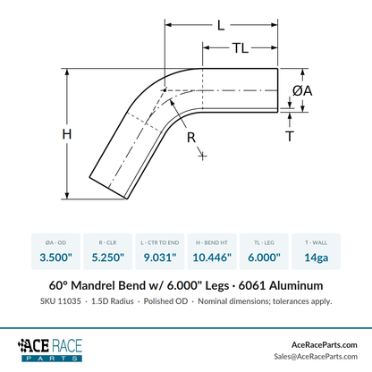 3.500" OD 14ga 60° Mandrel Bend - Polished OD - 6061 Aluminum - (5.250" CLR / 6.000" Legs)
