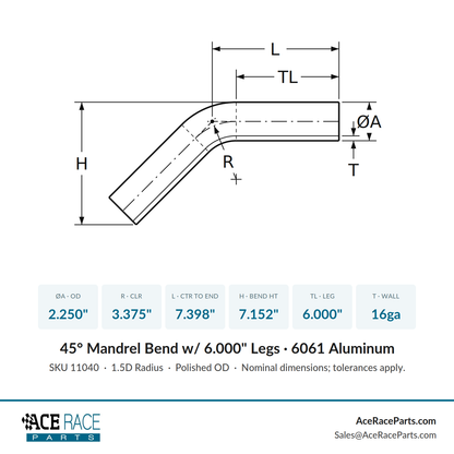 2.250" OD 16ga 45° Mandrel Bend - Polished OD - 6061 Aluminum - (3.375" CLR / 6.000" Legs)
