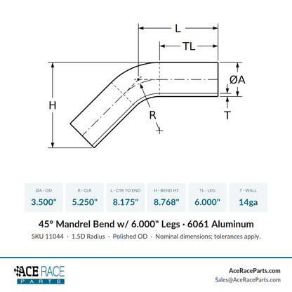 3.500" OD 14ga 45° Mandrel Bend - Polished OD - 6061 Aluminum - (5.250" CLR / 6.000" Legs)
