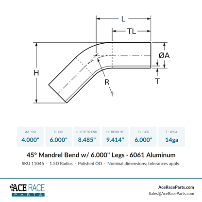 4.000" OD 14ga 45° Mandrel Bend - Polished OD - 6061 Aluminum - (6.000" CLR / 6.000" Legs)