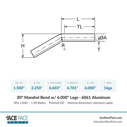 1.500" OD 16ga 30° Mandrel Bend - Polished OD - 6061 Aluminum - (2.250" CLR / 6.000" Legs)