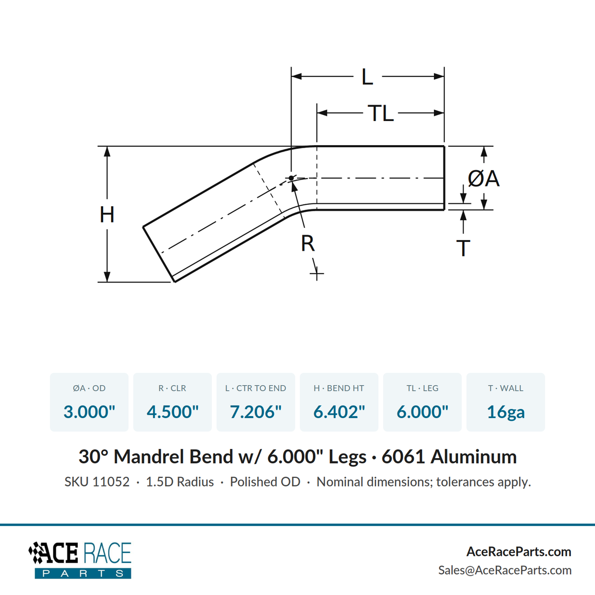 3.000" OD 16ga 30° Mandrel Bend - Polished OD - 6061 Aluminum - (4.500" CLR / 6.000" Legs)