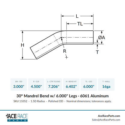 3.000" OD 16ga 30° Mandrel Bend - Polished OD - 6061 Aluminum - (4.500" CLR / 6.000" Legs)