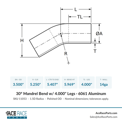 3.500" OD 14ga 30° Mandrel Bend - Polished OD - 6061 Aluminum - (5.250" CLR / 4.000" Legs)
