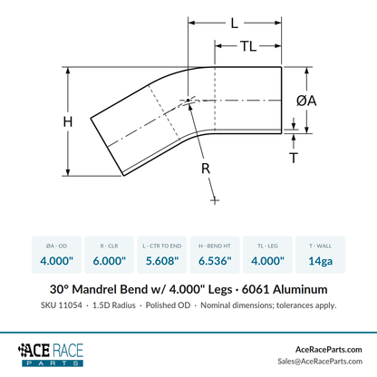 4.000" OD 14ga 30° Mandrel Bend - Polished OD - 6061 Aluminum - (6.000" CLR / 4.000" Legs)
