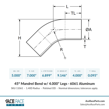 5.000" OD 14ga 45° Mandrel Bend - Polished OD - 6061 Aluminum - (7.000" CLR / 4.000" Legs)