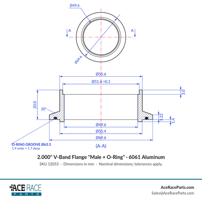 2.000" V-Band Flange "Male + O-Ring" 6061 Aluminum