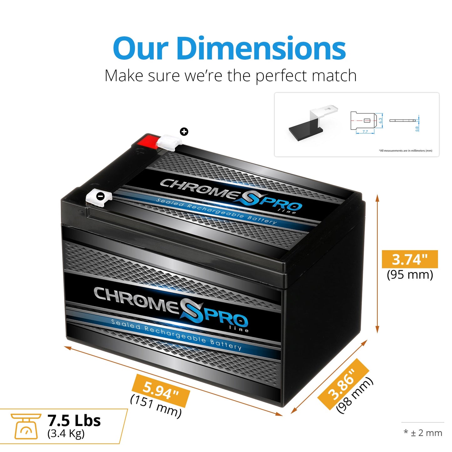 CHROME PRO BATTERY 12V 12AH Sealed Lead Acid (SLA) Battery - T2 Terminals CP-S00014