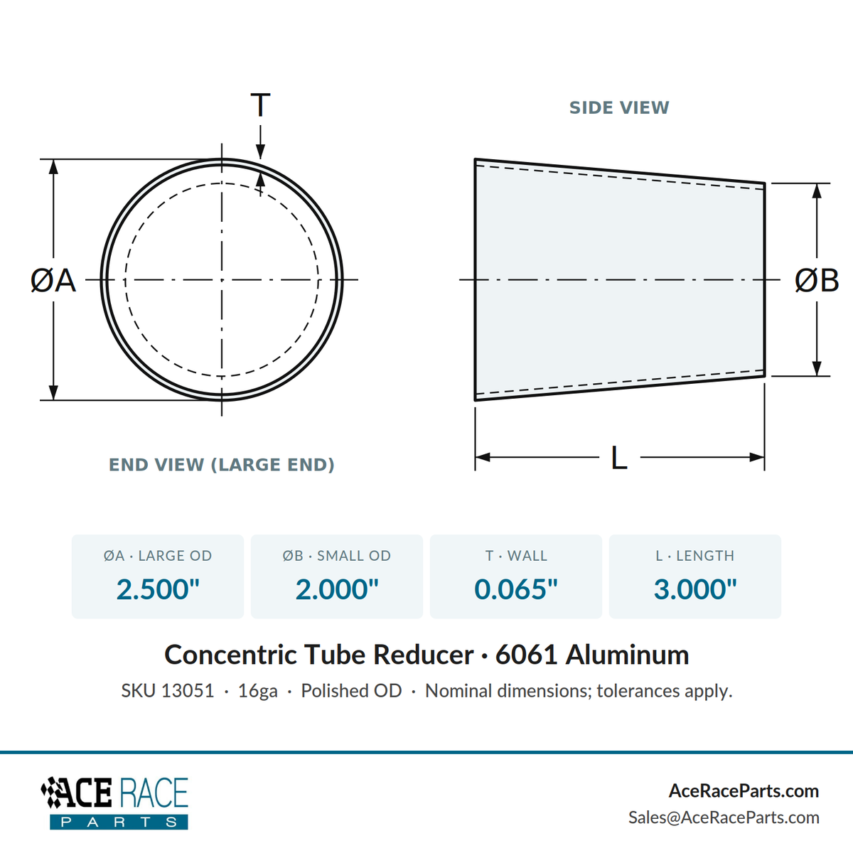 2.500" OD x 2.000" OD 16ga Reducer - Polished OD - 6061 Aluminum - (3.000" Long)