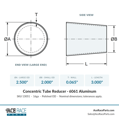 2.500" OD x 2.000" OD 16ga Reducer - Polished OD - 6061 Aluminum - (3.000" Long)