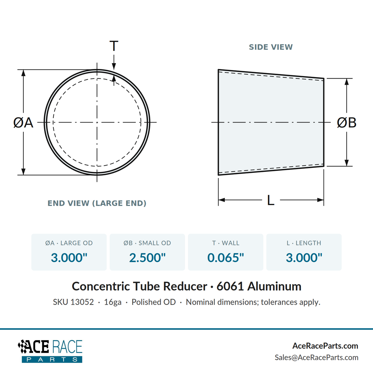 3.000" OD x 2.500" OD 16ga Reducer - Polished OD - 6061 Aluminum - (3.000" Long)