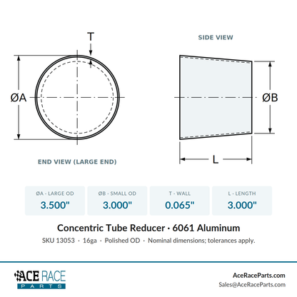 3.500" OD x 3.000" OD 16ga Reducer - Polished OD - 6061 Aluminum - (3.000" Long)