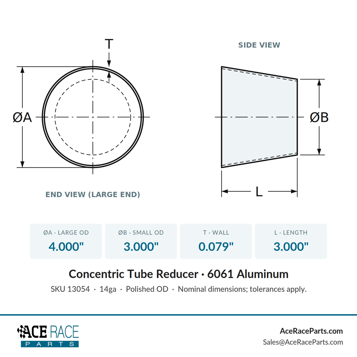 4.000" OD x 3.000" OD 14ga Reducer - Polished OD - 6061 Aluminum - (3.000" Long)