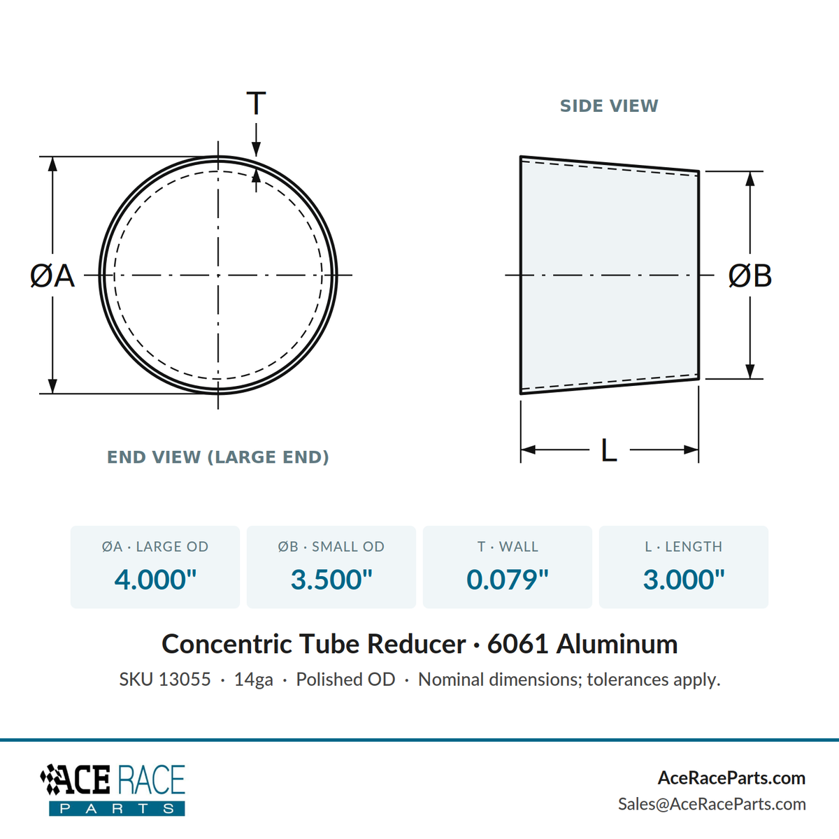 4.000" OD x 3.500" OD 14ga Reducer - Polished OD - 6061 Aluminum - (3.000" Long)