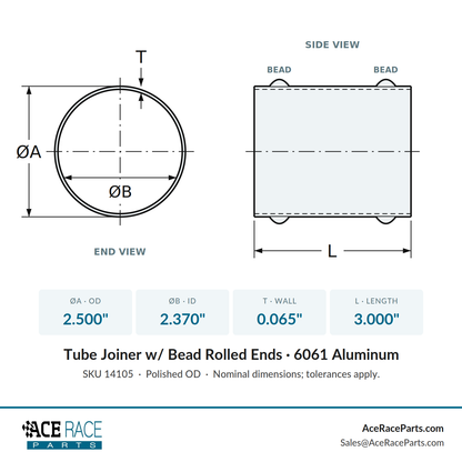 2.500" OD Aluminum Joiner with Bead Rolled Ends - Polished OD - 6061 Aluminum