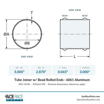 3.000" OD Aluminum Joiner with Bead Rolled Ends - Polished OD - 6061 Aluminum