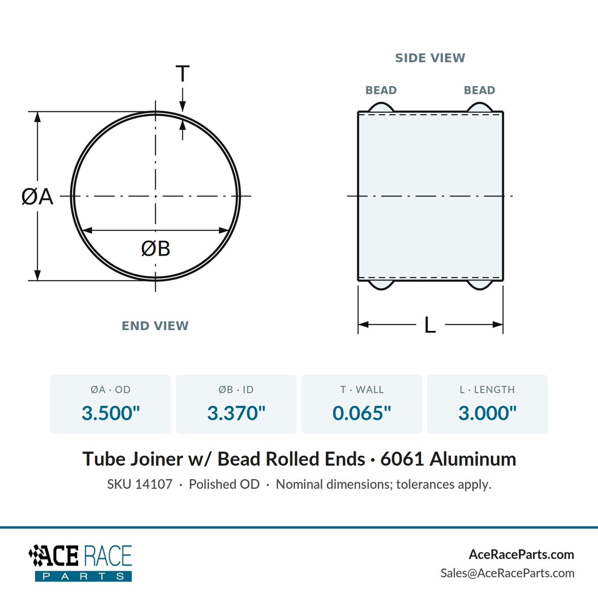 3.500" OD Aluminum Joiner with Bead Rolled Ends - Polished OD - 6061 Aluminum