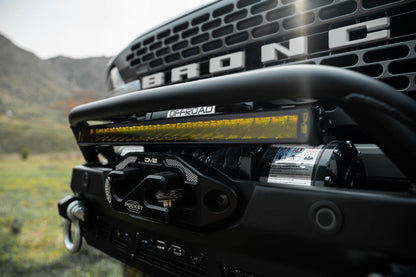 20-Inch Elite Series Single Row Amber LED Light Bar Installed above winch on Bronco