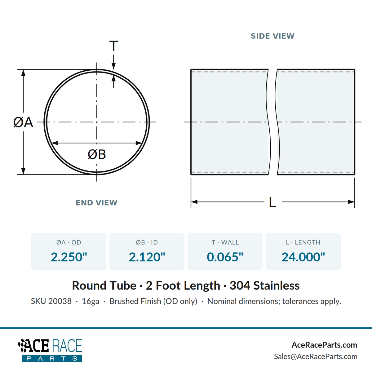 2.250" OD x 16ga (0.065") Round Tube - Brushed Finish - 304 Stainless - 2 Foot Length