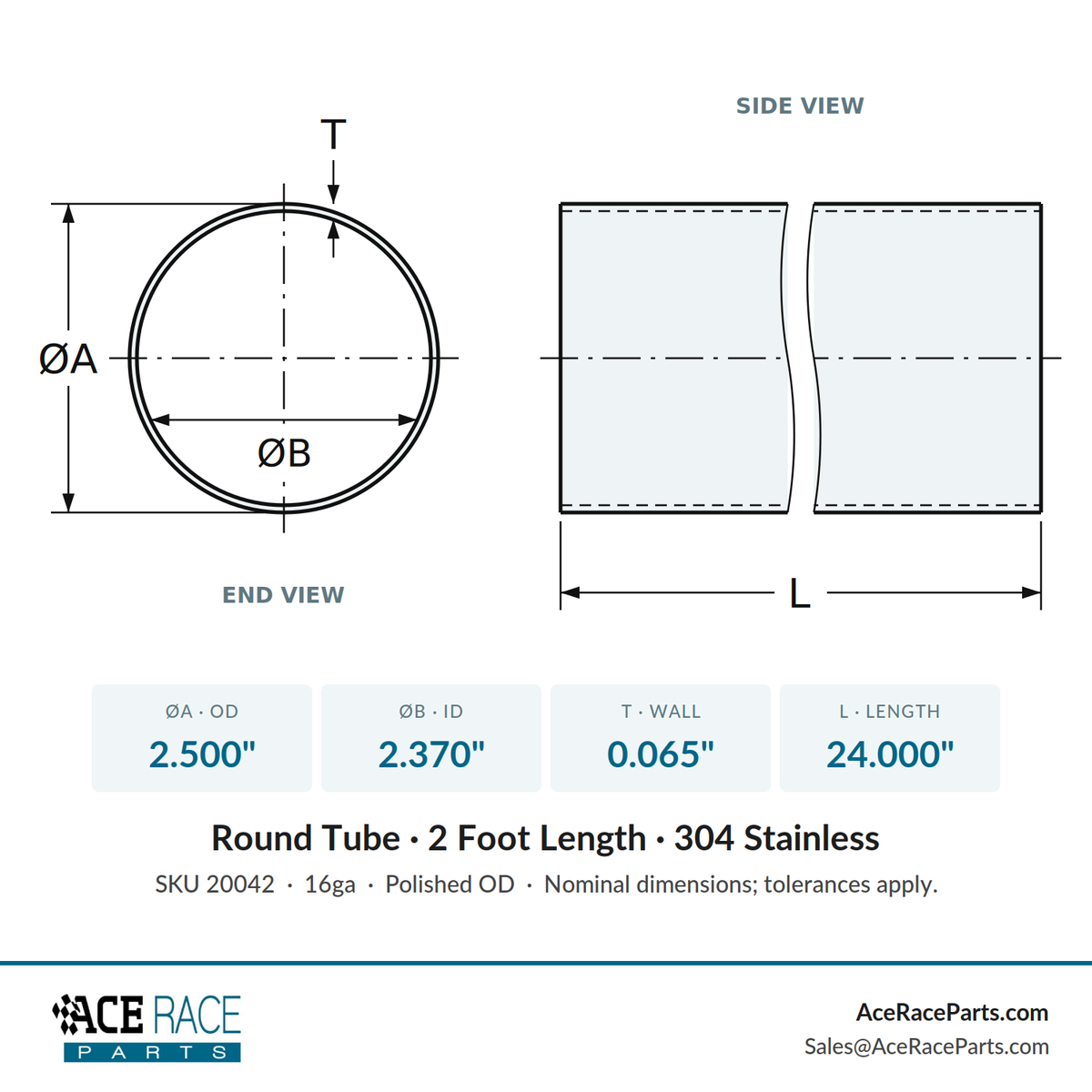 2.500" OD x 16ga (0.065") Round Tube - Polished OD - 304 Stainless - 2 Foot Length