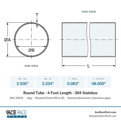 3.500" OD x 14ga (0.083") Round Tube - Brushed Finish - 304 Stainless - 4 Foot Length