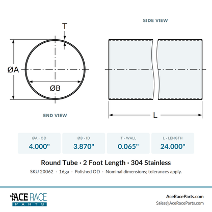 4.000" OD x 16ga (0.065") Round Tube - Polished OD - 304 Stainless - 2 Foot Length