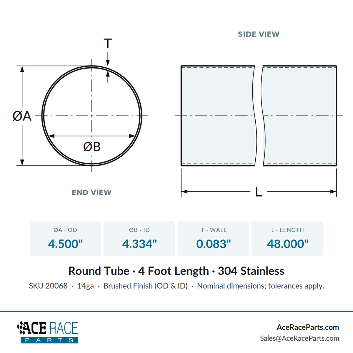 4.500" OD x 14ga (0.083") Round Tube - Brushed Finish - 304 Stainless - 4 Foot Length