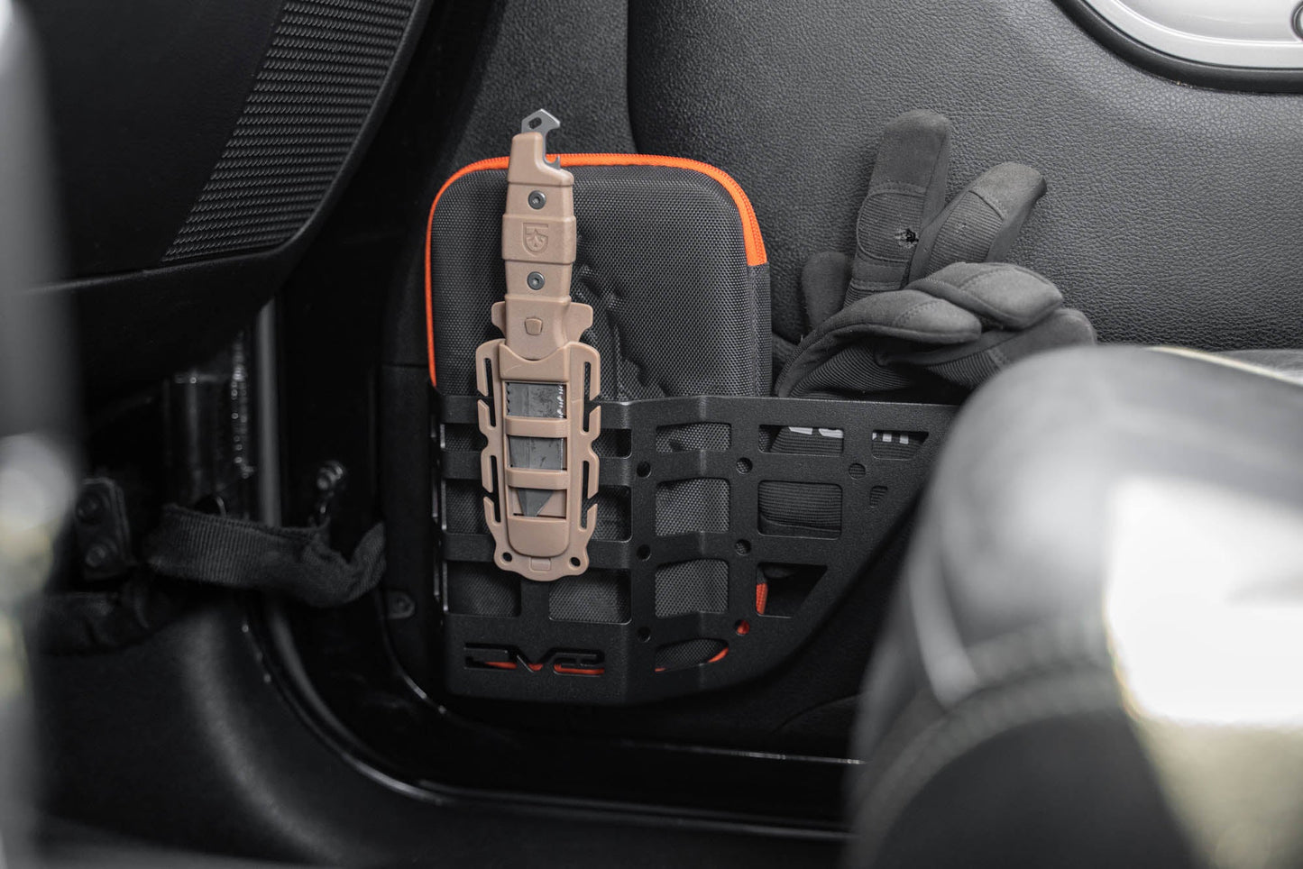 Tools held in the Front Door Pocket Molle Panels for the 2011-2018 Jeep Wrangler JK