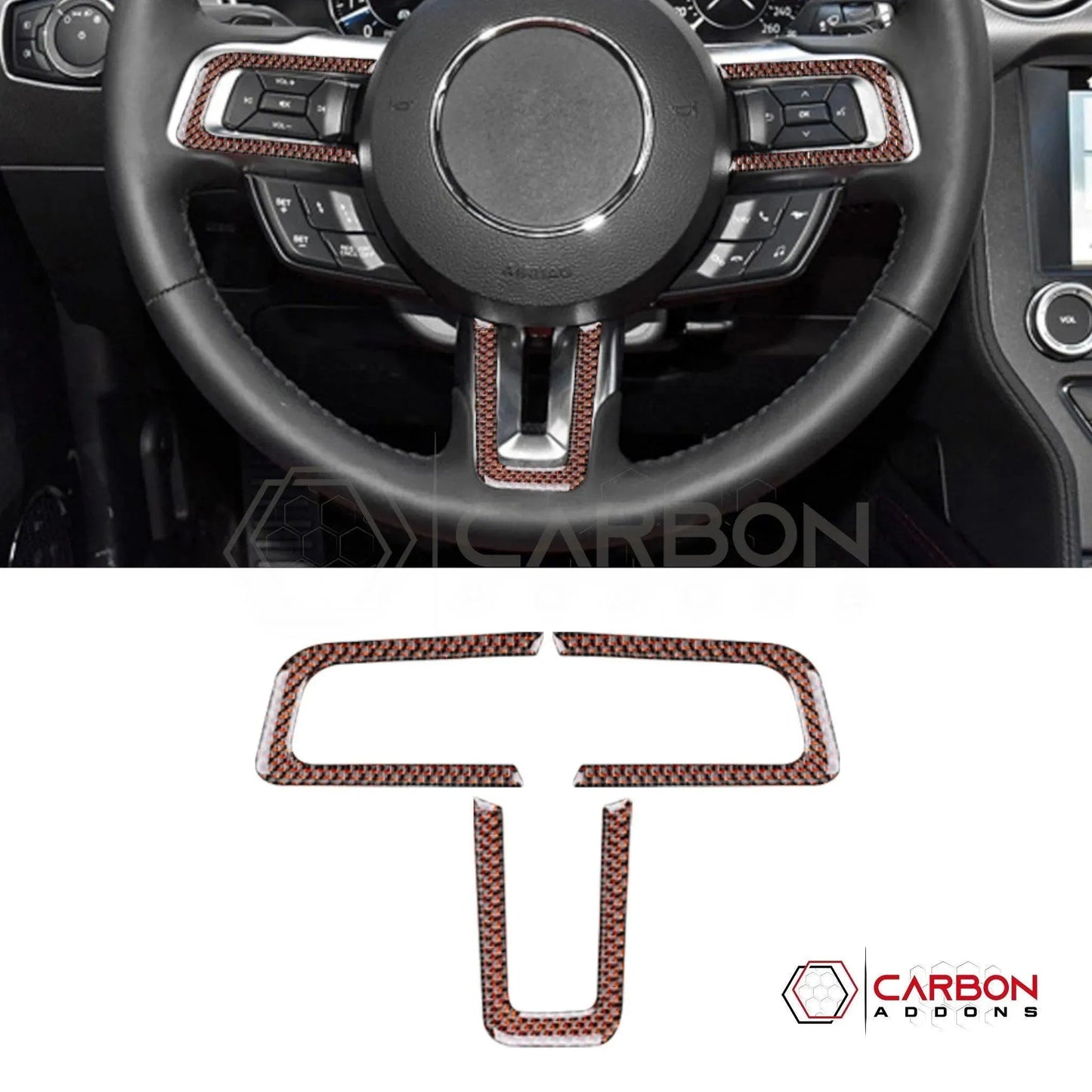 Reflective Carbon Fiber Steering Wheel Chrome Trim Overlay for 2015–2023 Ford Mustang