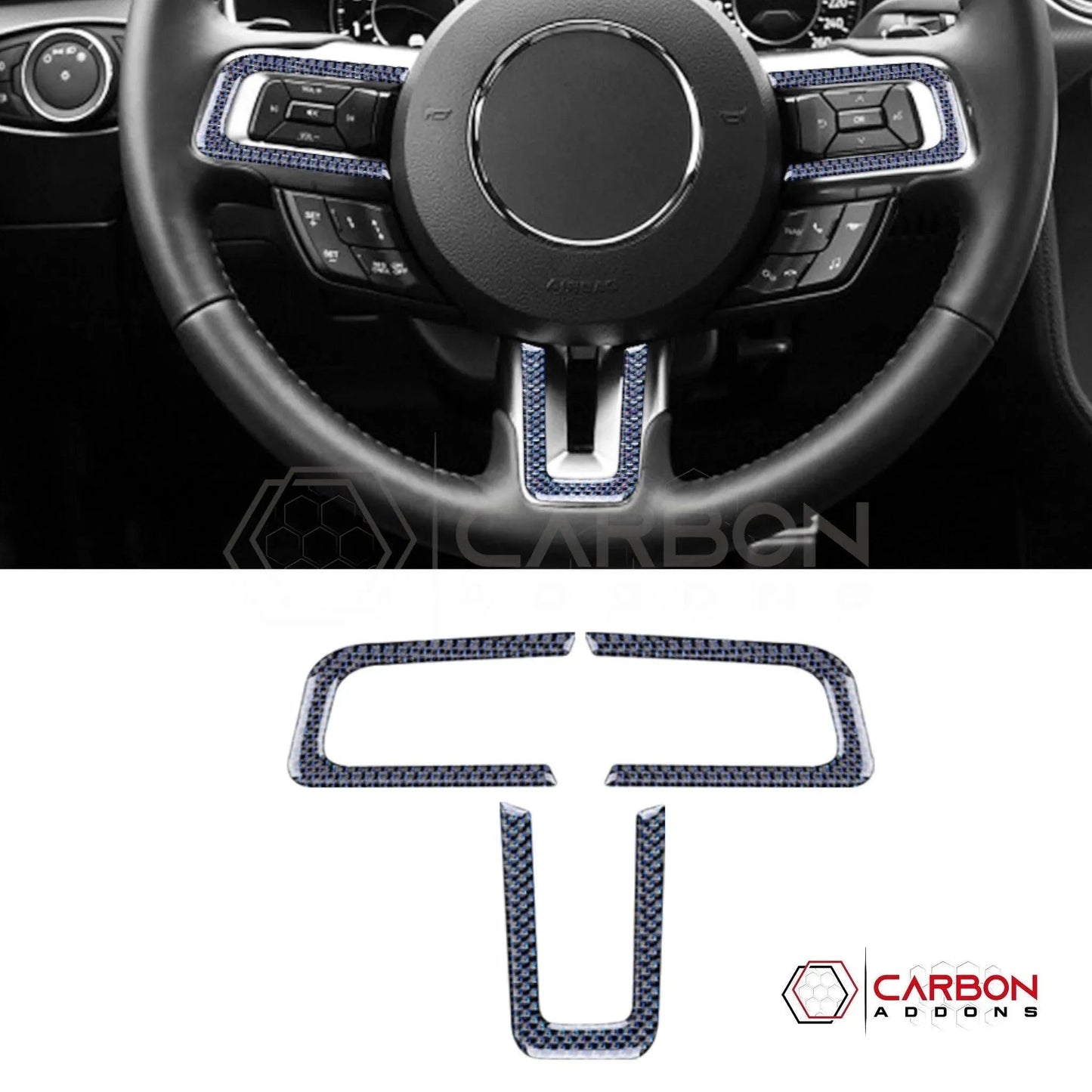 2015-2023 Mustang Reflective Carbon Fiber Steering Wheel Chrome Trim Overlay