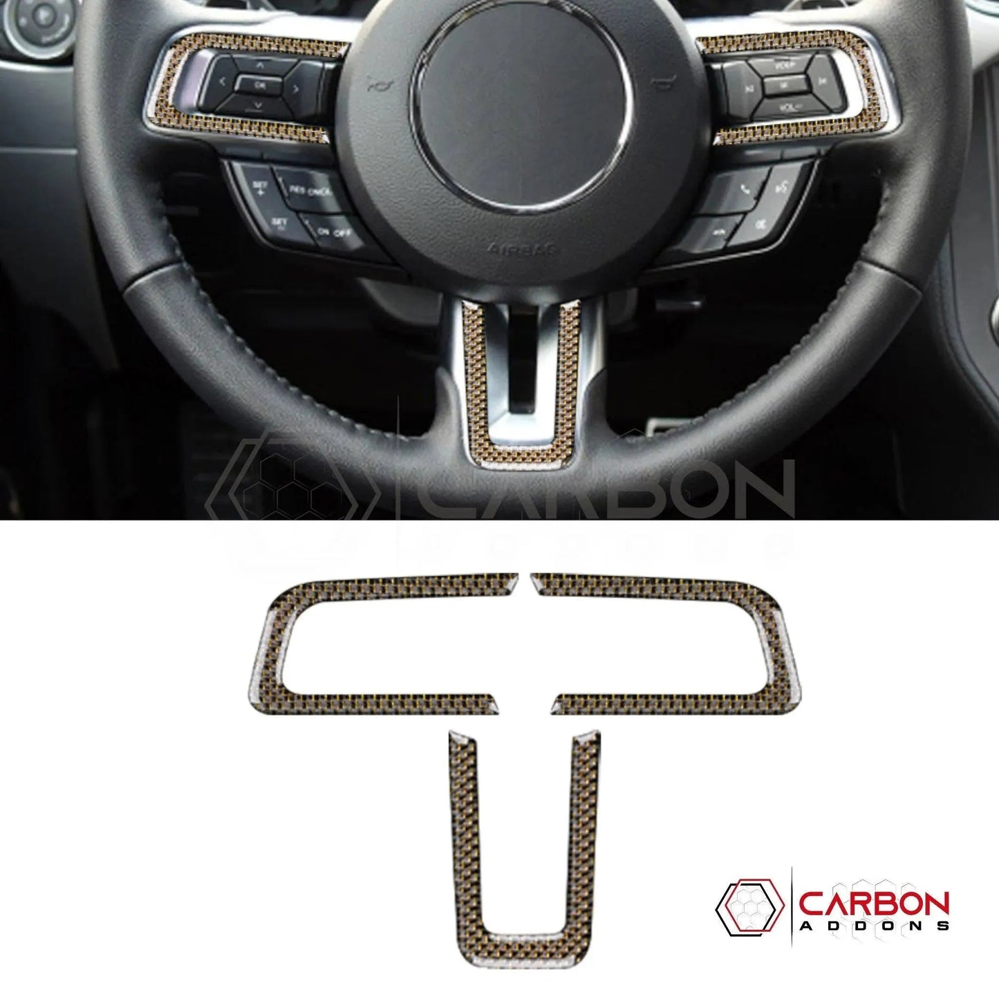 2015-2023 Mustang Reflective Carbon Fiber Steering Wheel Chrome Trim Overlay