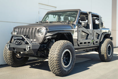 Front angle with 2018-2023 Jeep Wrangler JL 4-Door Rock Skins installed