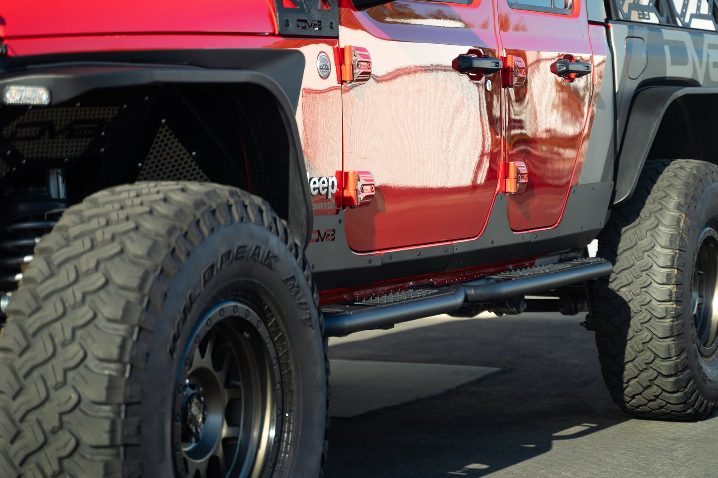 Close up front angle of 2020-2023 Jeep Gladiator JT Rock Skins installed