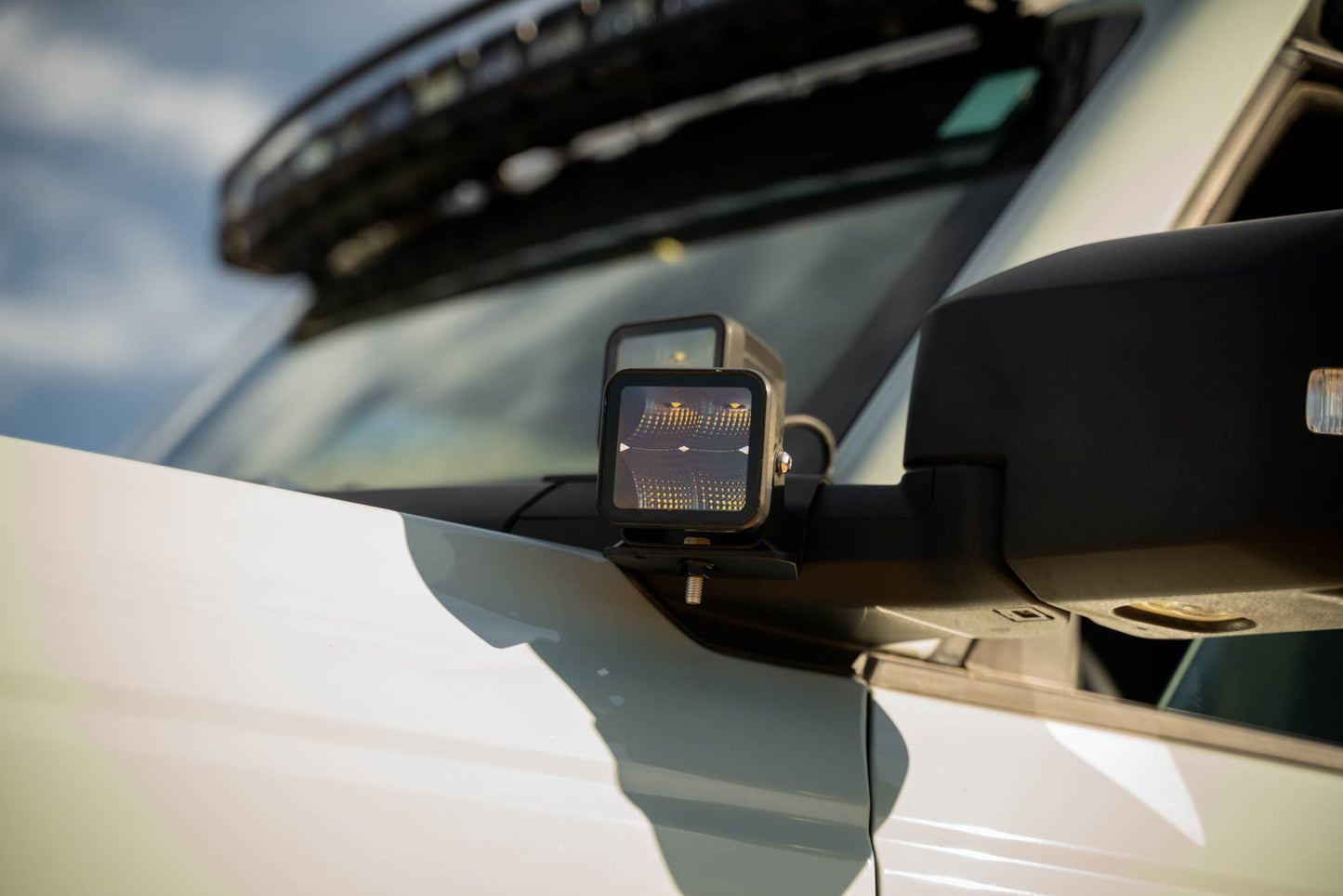 Low angle of A-Pillar Dual Light Pod Drop Mounts for the 2021-2023 Ford Bronco