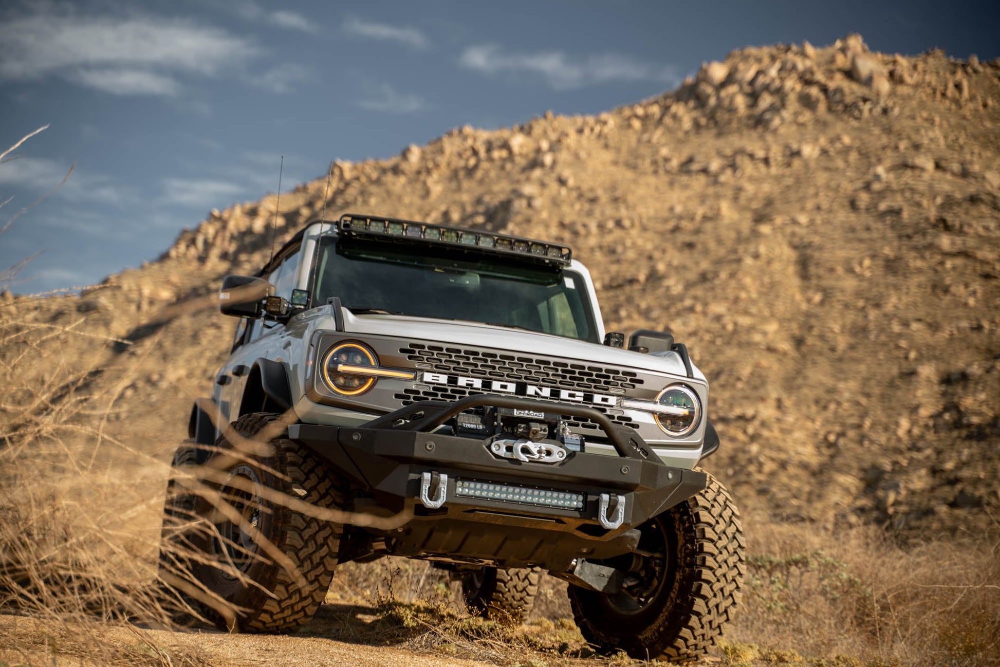 A-Pillar Dual Light Pod Drop Mounts for the 2021-2023 Ford Bronco installed with two light pods