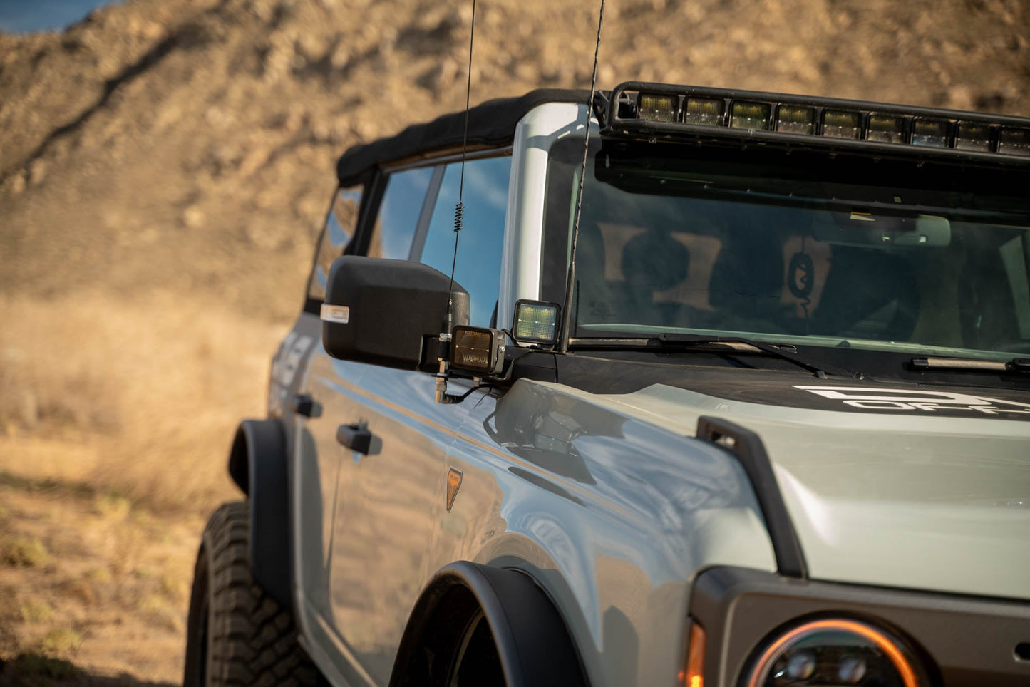 A-Pillar Dual Light Pod Drop Mounts for the 2021-2023 Ford Bronco installed with antennas