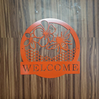 Honey Bee Welcome Sign – Metal Wall Art, Bee Decor for Porch, Garden, Entryway, Custom Steel Welcome Plaque