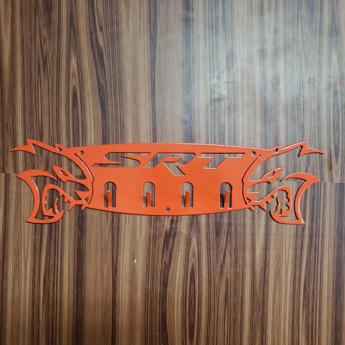Dodge SRT Hellcat 4-Hook Steel Rack – Dual Hellcat Heads Wall Organizer 12"x4" SRT Text