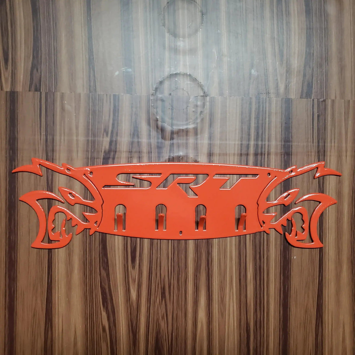 Dodge SRT Hellcat 4-Hook Steel Rack – Dual Hellcat Heads Wall Organizer 12"x4" SRT Text