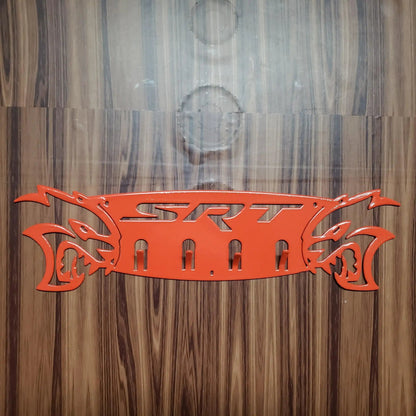 Dodge SRT Hellcat 4-Hook Steel Rack – Dual Hellcat Heads Wall Organizer 12"x4" SRT Text