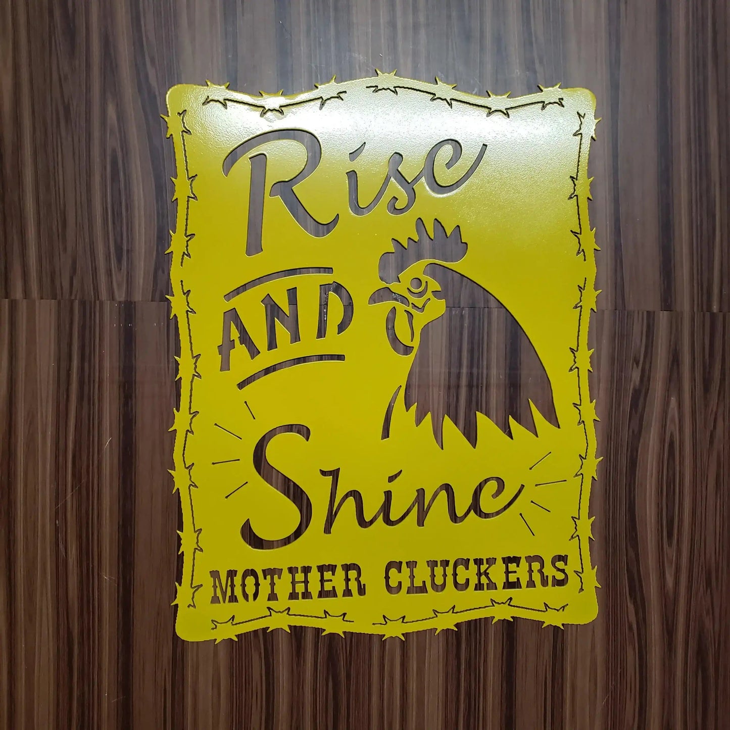 Rise and Shine Mother Cluckers Metal Sign – Rooster or Hen Design – Funny Farmhouse Wall Art with Barbed Wire Edge – 18"x14" Plasma Cut Steel