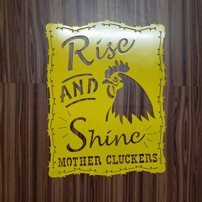 Rise and Shine Mother Cluckers Metal Sign – Rooster or Hen Design – Funny Farmhouse Wall Art with Barbed Wire Edge – 18"x14" Plasma Cut Steel