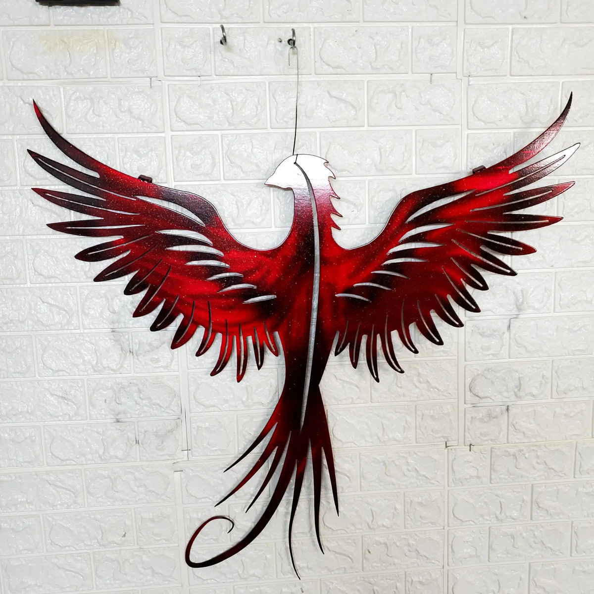 Phoenix Metal Wall Art – 23x23 Inch Plasma Cut Steel Wall Decor with Translucent Blue or Red Powder Coat – Sun Catching Home Accent