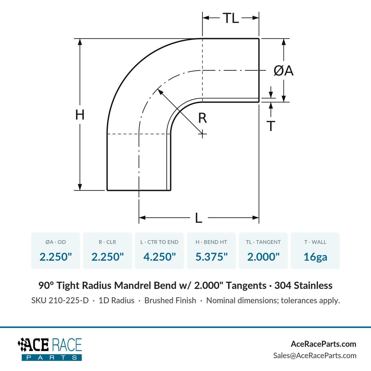 2.250" 16ga Tight Radius 90° Mandrel Bend w/ 2" Tangents - (2.250" CLR) - Brushed Finish - 304 Stainless